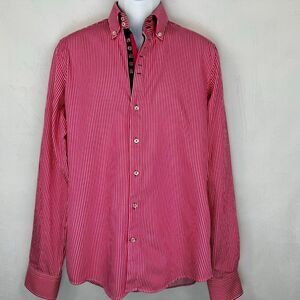 7Camicie Slim Fit Men Shirt Sz L Red Striped Collared Cuffed Long Sleeve Rare